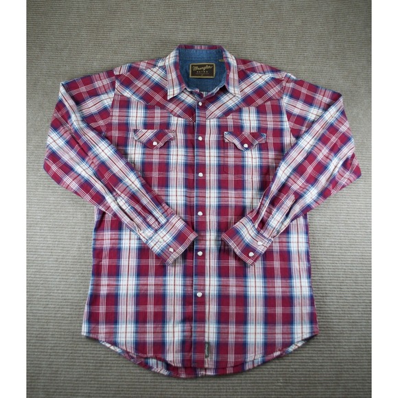Wrangler Retro Other - Wrangler Retro Men L Large Tall Pearl Snap Western Plaid Shirt Maroon Blue